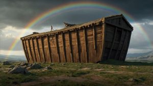 This is an AI-generated image depicting Noah’s Ark resting on Mount Ararat after the flood. The landscape is desolate yet hopeful, with a rainbow in the sky, symbolizing God's promise to never again destroy the earth with a flood.