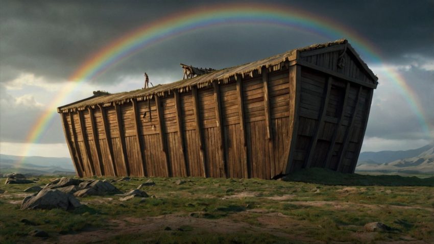 This is an AI-generated image depicting Noah’s Ark resting on Mount Ararat after the flood. The landscape is desolate yet hopeful, with a rainbow in the sky, symbolizing God's promise to never again destroy the earth with a flood.