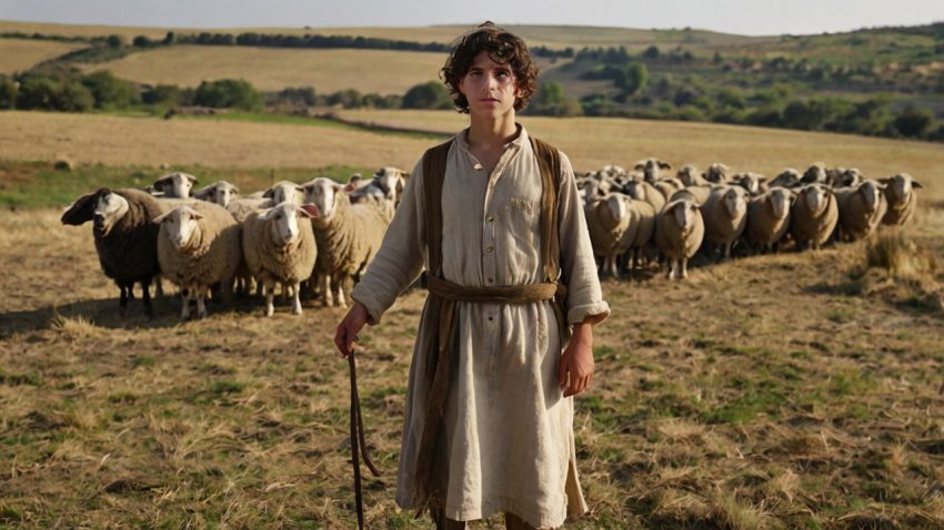 David faces the giant Goliath with nothing but his faith and a sling. A defining moment in biblical history, captured through AI-generated imagery.