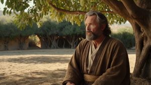 A moment of awakening: Bartholomew under the fig tree, a scene of divine revelation and spiritual transformation. This AI-generated image captures the pivotal moment in his faith journey.