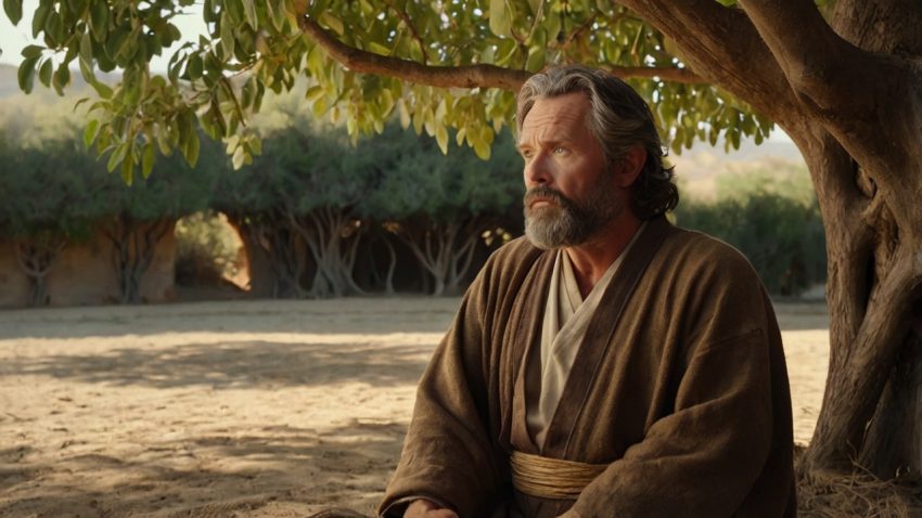 A moment of awakening: Bartholomew under the fig tree, a scene of divine revelation and spiritual transformation. This AI-generated image captures the pivotal moment in his faith journey.