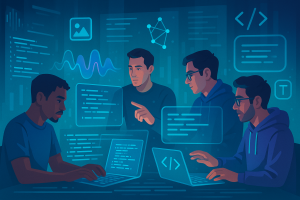 Developers harnessing the multimodal power of Gemini AI in a futuristic workshop.