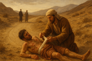 A moment of mercy. A Samaritan shows compassion to the wounded traveler, a true act of kindness that transcends boundaries.