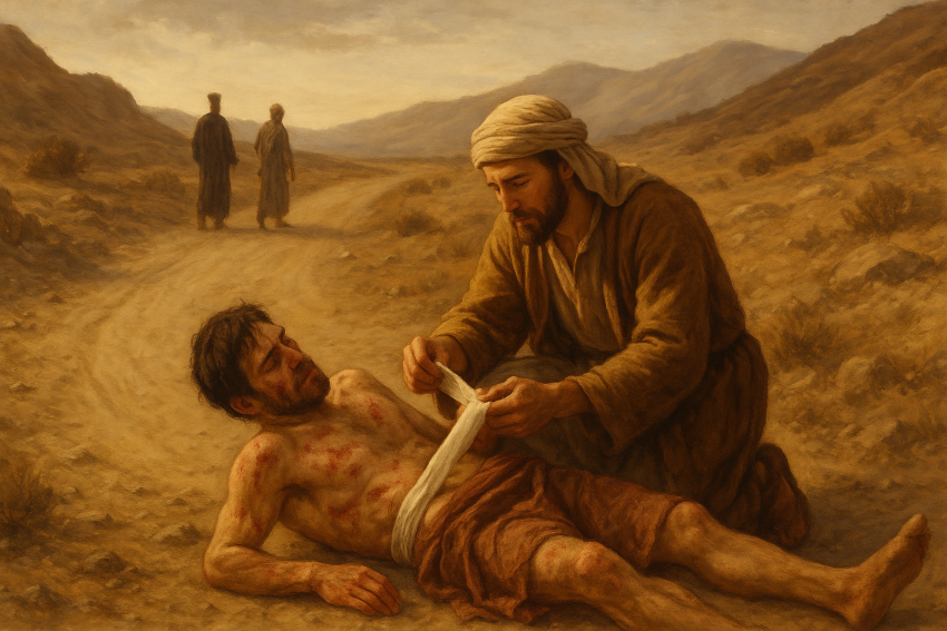A moment of mercy. A Samaritan shows compassion to the wounded traveler, a true act of kindness that transcends boundaries.