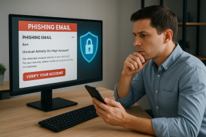 A person reviewing a suspicious phishing email on their computer, representing the dangers of online scams and the importance of digital security.