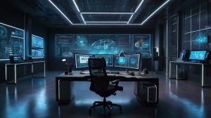 An AI-powered workspace of the future, showcasing ChatGPT’s capabilities in a sleek, futuristic setting. This image captures the cutting-edge advancements of OpenAI’s latest features like image generation, coding support, and creative collaboration.