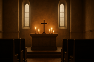 A peaceful, reflective church scene designed for quiet moments of worship. The soft lighting and calm atmosphere invite deep introspection and surrender.