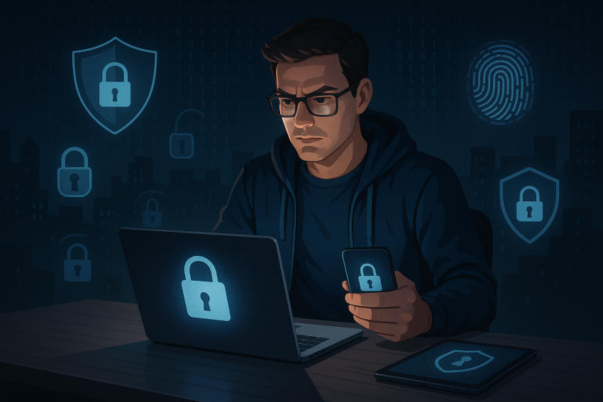 Man securing his digital identity in the age of cyber threats — AI generated illustration.