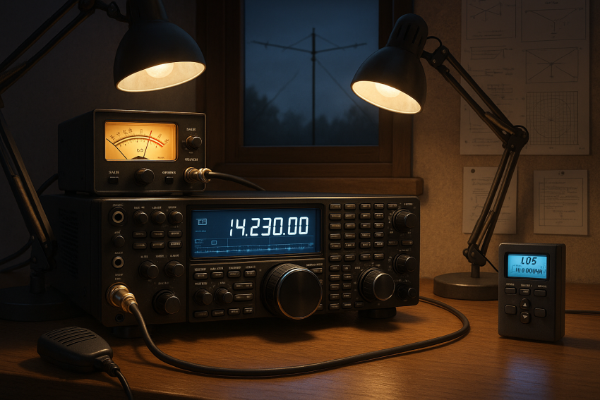 Tuning Up the Shack: A ham radio operator's workspace showing active SWR measurement.