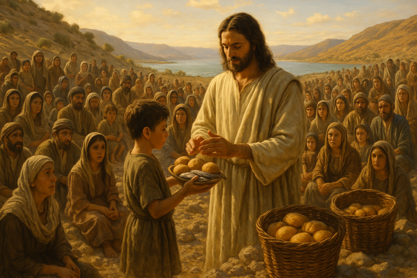 An AI-generated depiction of the miraculous feeding of the 5,000, capturing the moment Jesus blesses the humble loaves and fish amidst a hungry crowd.