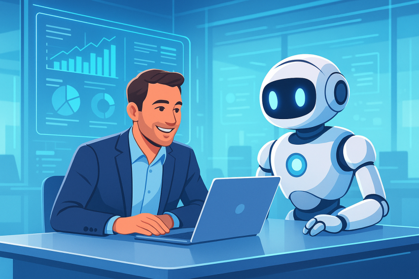 Human and AI collaborating seamlessly in the future workplace.