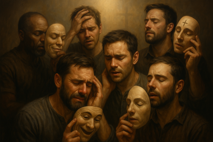 Men tearing off their masks, embracing honesty and healing through vulnerability.