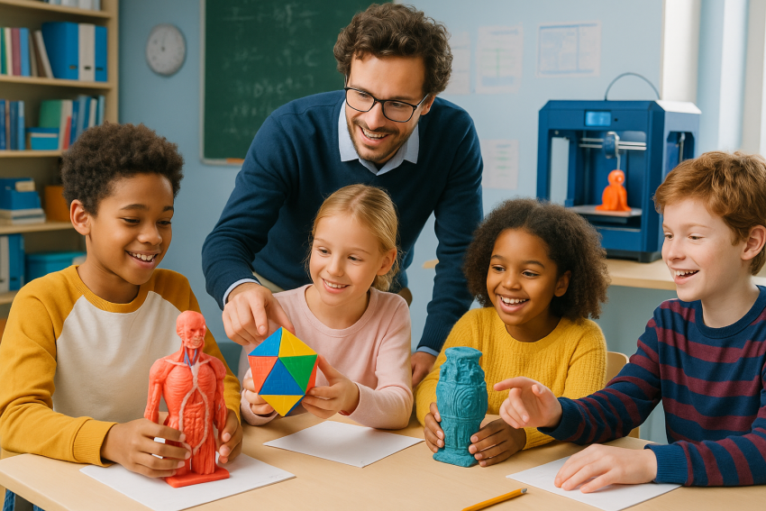 Students exploring custom 3D-printed models in a modern classroom setting.