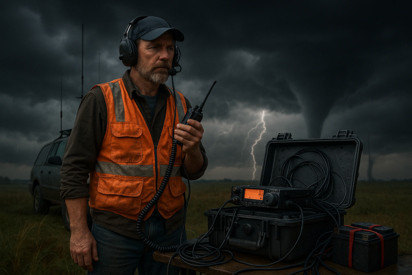 A dedicated amateur radio operator stands by his mobile station, prepared to relay emergency communications as severe weather looms.