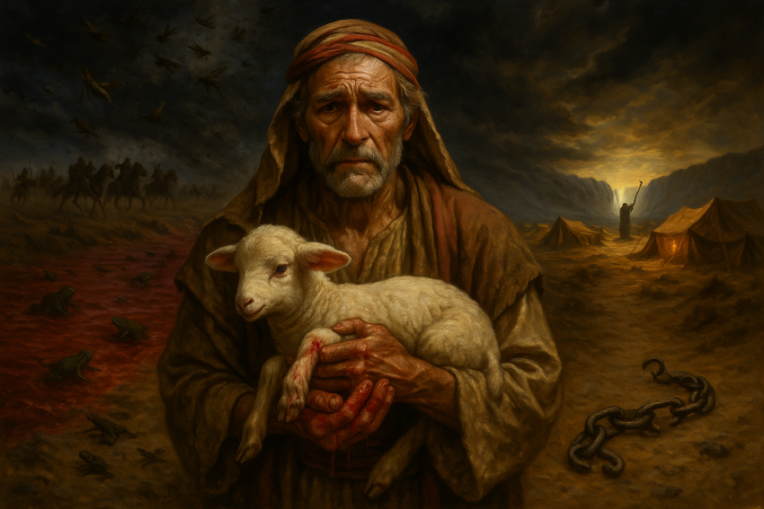 An AI-generated depiction of Nahshon’s emotional journey during the Exodus, symbolizing the masks we wear in faith and life.