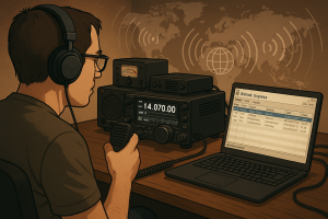 Ham Radio Operator Using Winlink Digital Messaging at Modern Station