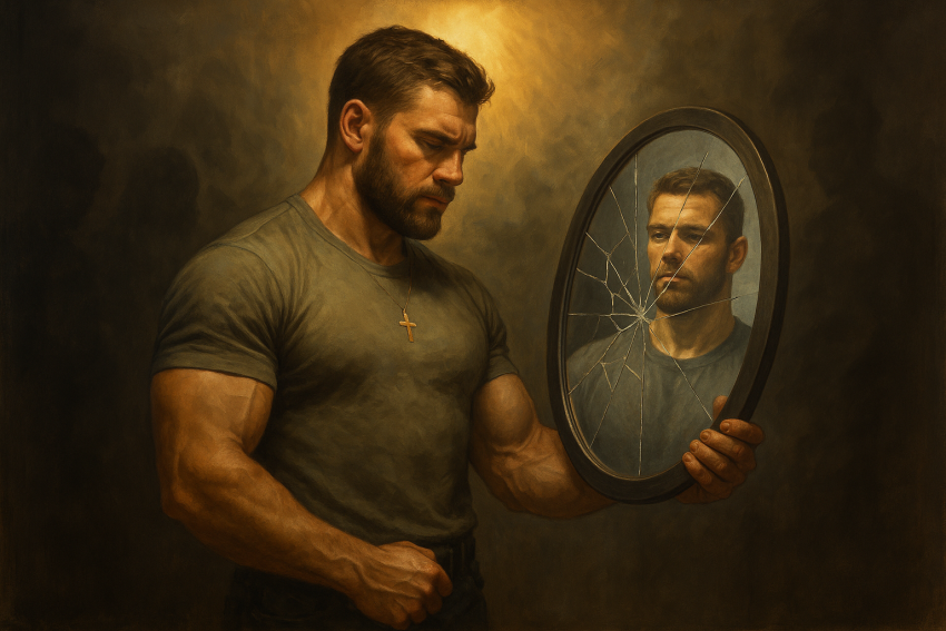 Digital illustration of a Christian man holding a cracked mirror reflecting his true self, symbolizing honesty and spiritual strength.
