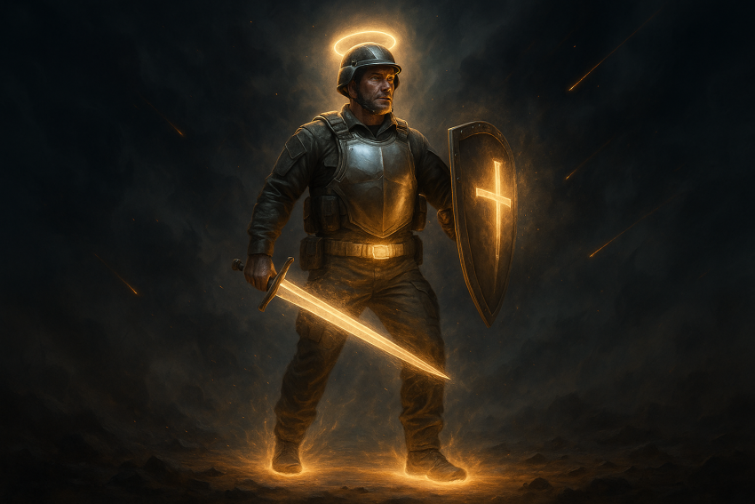 A determined Christian man in modern tactical gear, symbolically wearing the Armor of God, holding a glowing shield and sword, standing firm against a dark, ethereal background with divine light.