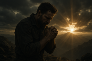 A rugged man praying on a mountain at dawn, symbolizing strength and worship amidst life's challenges.