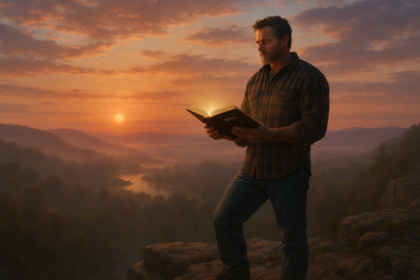 A man stands on a cliff at sunrise, holding an open Bible, with a serene valley below. Golden light and morning mist create a peaceful, reflective mood, symbolizing biblical peace.
