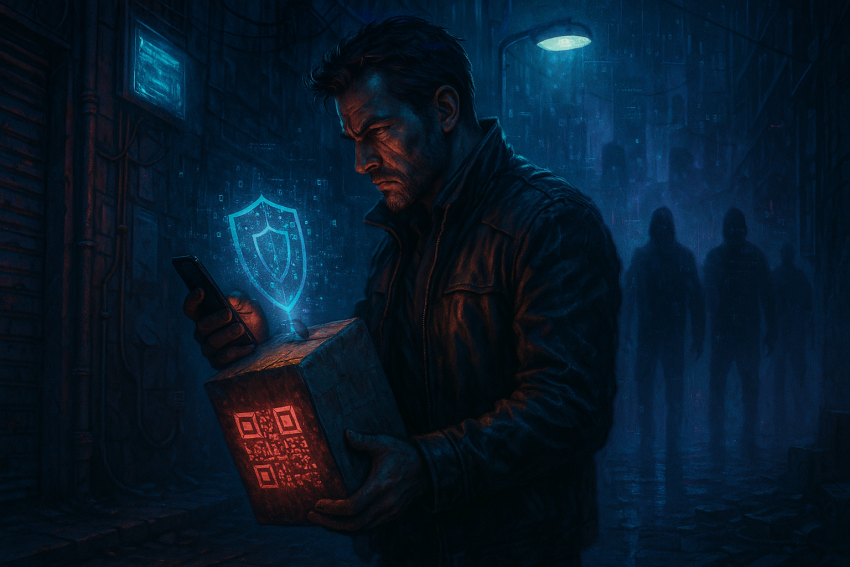 A tech-savvy warrior faces off against a shady QR code scam in a neon-lit cyberpunk alley.