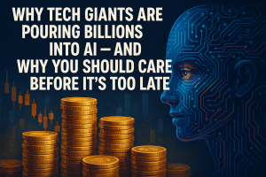A futuristic image featuring a digital human profile made of circuit patterns, stacks of gold coins, and a stock market graph, with the text "Why Tech Giants Are Pouring Billions Into AI – And Why You Should Care Before It's Too Late."