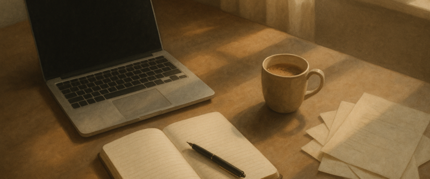 Overhead view of a cozy workspace with a laptop, notebook, coffee cup, and scattered papers on a wooden desk, bathed in warm natural light.