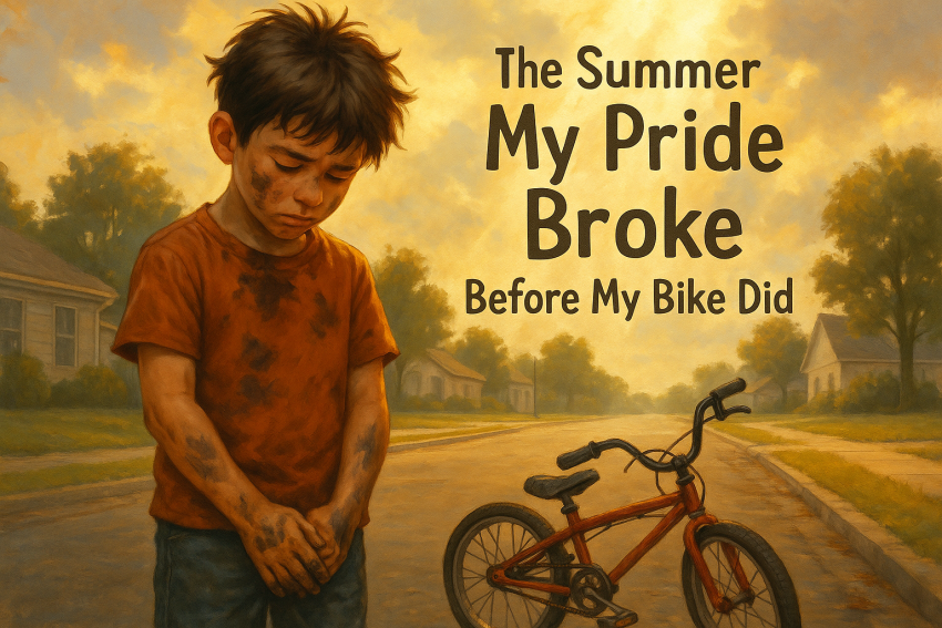 A young boy stands beside his broken bike, grease on his hands, sunlight shining down, symbolizing pride, humility, and faith.
