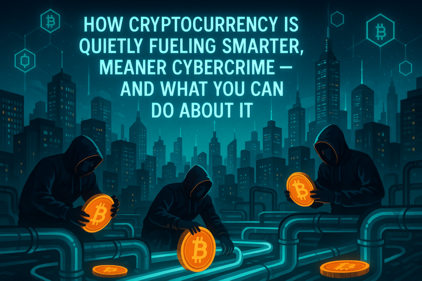 Illustration of cybercriminals manipulating cryptocurrency in a neon-lit digital city, symbolizing how cryptocurrency fuels cybercrime.