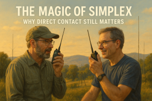 Two ham radio operators communicating directly using handheld radios outdoors, illustrating simplex communication. The image includes antennas and a scenic ridge with the article title integrated.