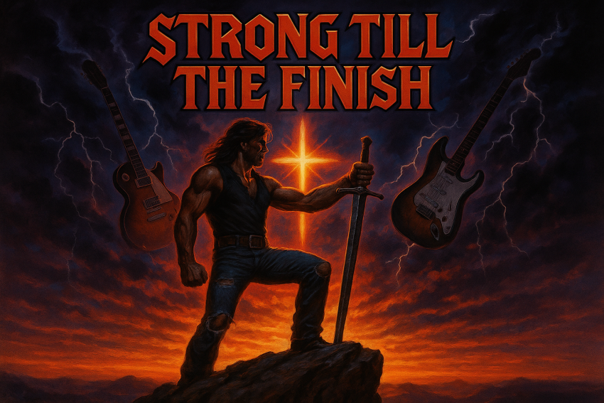Album cover for “Strong Till the Finish,” showing a rugged male figure on a cliff with a sword, cross in the sky, stormy clouds, and electric guitars, in 80’s rock style.