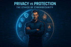 A futuristic man stands inside a glowing digital sphere, half symbolizing privacy with locks and shields, half symbolizing protection with firewalls and data grids, highlighting the ethics of cybersecurity.