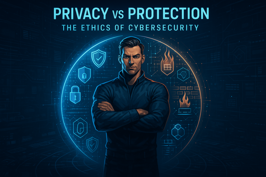 A futuristic man stands inside a glowing digital sphere, half symbolizing privacy with locks and shields, half symbolizing protection with firewalls and data grids, highlighting the ethics of cybersecurity.