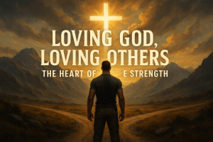 A strong man stands at a crossroads beneath a glowing cross with mountains and sunrise, symbolizing strength through loving God and others.