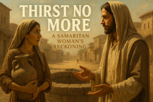 Miriam, the Samaritan woman, stands at Jacob’s well speaking with Jesus under the midday sun. She holds a clay water jar, wearing first-century Samaritan clothing and a head covering. The text “Thirst No More: A Samaritan Woman’s Reckoning” is displayed in the image.