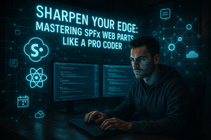 Cinematic image of a focused programmer at his workstation surrounded by glowing SharePoint, React, and Microsoft Graph symbols with a holographic title floating above.