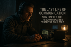 A focused man operates a rugged amateur radio in a dimly lit, post-disaster setting. The text "The Last Line of Communication: Why Simplex and AUXCOMM Matter When the Grid Fails" is prominently displayed on a screen in the image.