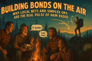 Vintage-style poster of men bonding over ham radio nets and simplex ops under a starry sky, with campfire group and mountain adventurer, titled "Building Bonds on the Air: Why Local Nets and Simplex Ops Are the Real Pulse of Ham Radio."