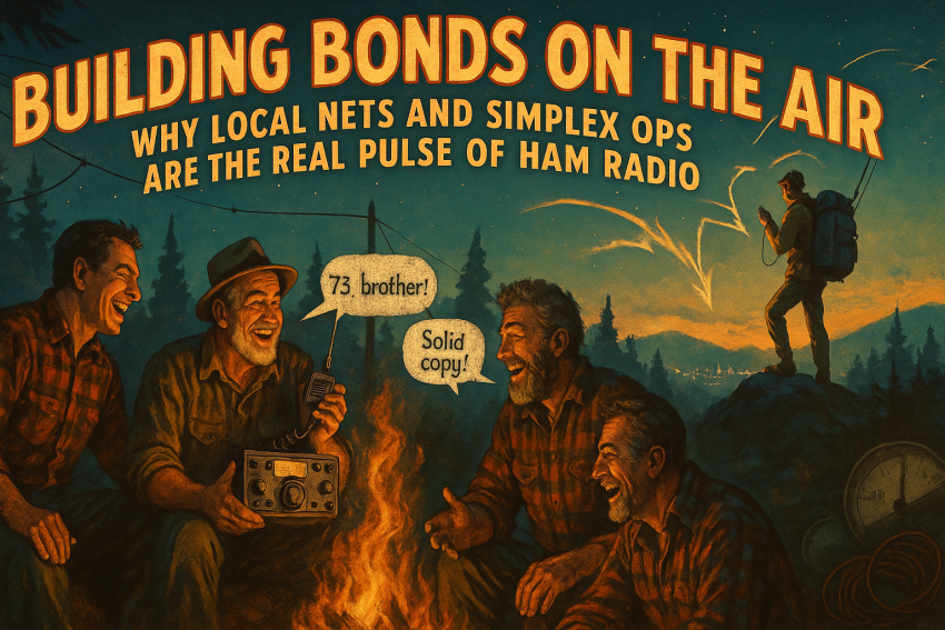 Vintage-style poster of men bonding over ham radio nets and simplex ops under a starry sky, with campfire group and mountain adventurer, titled "Building Bonds on the Air: Why Local Nets and Simplex Ops Are the Real Pulse of Ham Radio."