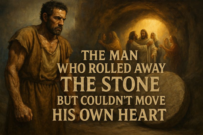Biblical scene depicting a stone mason standing rigidly beside Lazarus's opened tomb while others celebrate in the background. Title text reads "The Man Who Rolled Away the Stone But Couldn't Move His Own Heart" overlaid on the dramatic composition.