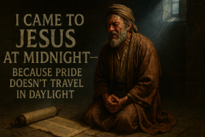 Nicodemus kneels alone at midnight, face wet with tears and hands trembling, illuminated by moonlight as sacred text glows beside him. Bold title carved in stone reads: “I Came to Jesus at Midnight — Because Pride Doesn’t Travel in Daylight.”