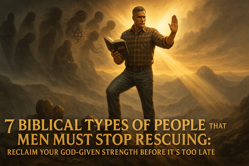 Inspirational illustration of a strong man on a mountain peak guarding his heart with a Bible, pushing back shadowy figures symbolizing 7 biblical types to avoid rescuing, with title overlay for men's Christian devotional on reclaiming strength.
