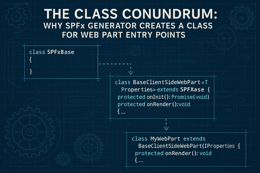 Technical diagram illustrating SharePoint Framework web part class architecture showing inheritance patterns, lifecycle methods, and component structure with code samples.