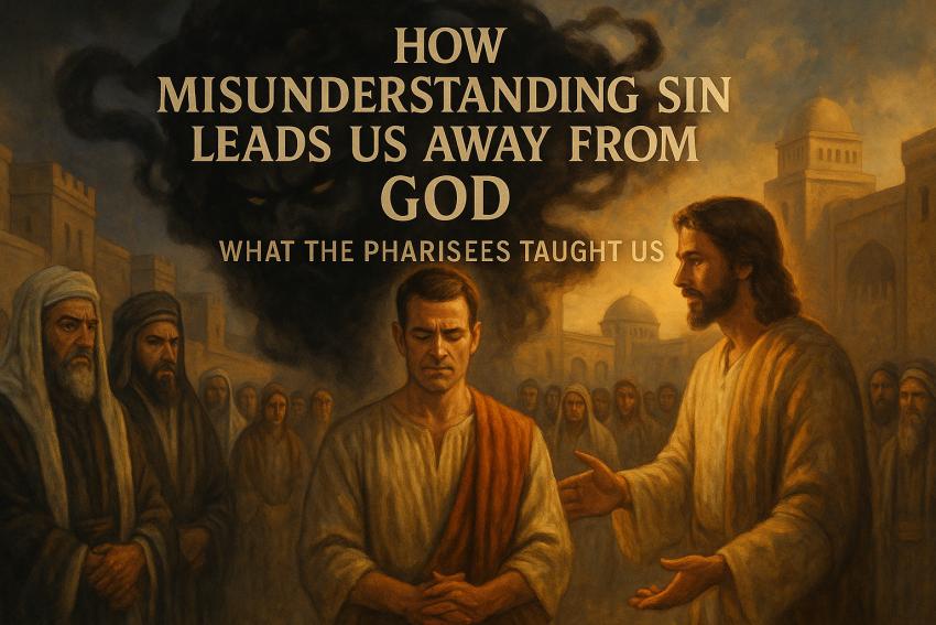 Illustration depicting a man appearing outwardly righteous while dark shadows symbolize hidden sin, with Pharisees judging and Jesus guiding toward light; titled “How Misunderstanding Sin Leads Us Away from God: What the Pharisees Taught Us.”