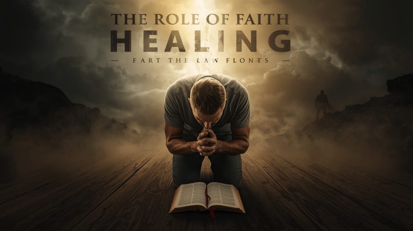 A rugged man kneels in prayer under storm clouds as rays of light break through, symbolizing faith and healing with strength and resilience.