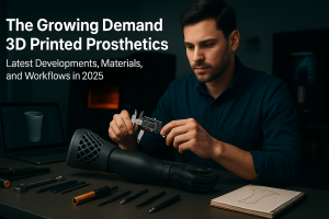 Male engineer calibrates a 3D‑printed forearm prosthetic (PA12 socket with lattice vents, TPU liner, CF‑nylon mount) on a workbench in a modern 3D printing lab, with SLS/MJF and FFF printers in the background and the headline “The Growing Demand for 3D Printed Prosthetics — Latest Developments, Materials, and Workflows in 2025” overlaid.