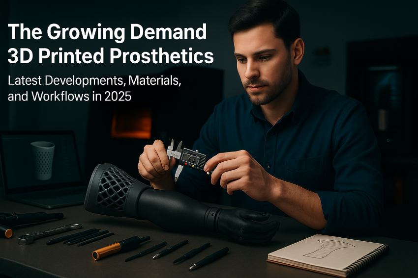 Male engineer calibrates a 3D‑printed forearm prosthetic (PA12 socket with lattice vents, TPU liner, CF‑nylon mount) on a workbench in a modern 3D printing lab, with SLS/MJF and FFF printers in the background and the headline “The Growing Demand for 3D Printed Prosthetics — Latest Developments, Materials, and Workflows in 2025” overlaid.