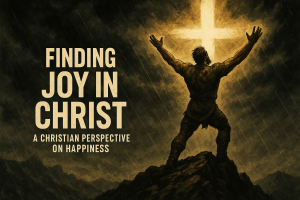 A strong man stands on a stormy mountain peak as light in the shape of a cross breaks through the clouds, symbolizing finding joy in Christ despite life’s trials.