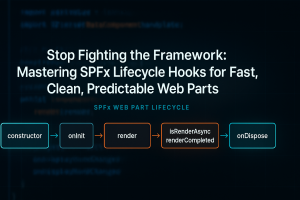 Dark tech hero image showing a lifecycle timeline—constructor, onInit, render, isRenderAsync/renderCompleted, onDisplayModeChanged, onDispose—over code, with the headline “Stop Fighting the Framework: Mastering SPFx Lifecycle Hooks for Fast, Clean, Predictable Web Parts.”
