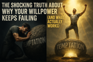 Split image showing a man failing to push a boulder labeled "temptation" with human strength on the left, and the same man standing victorious atop it with divine light on the right.
